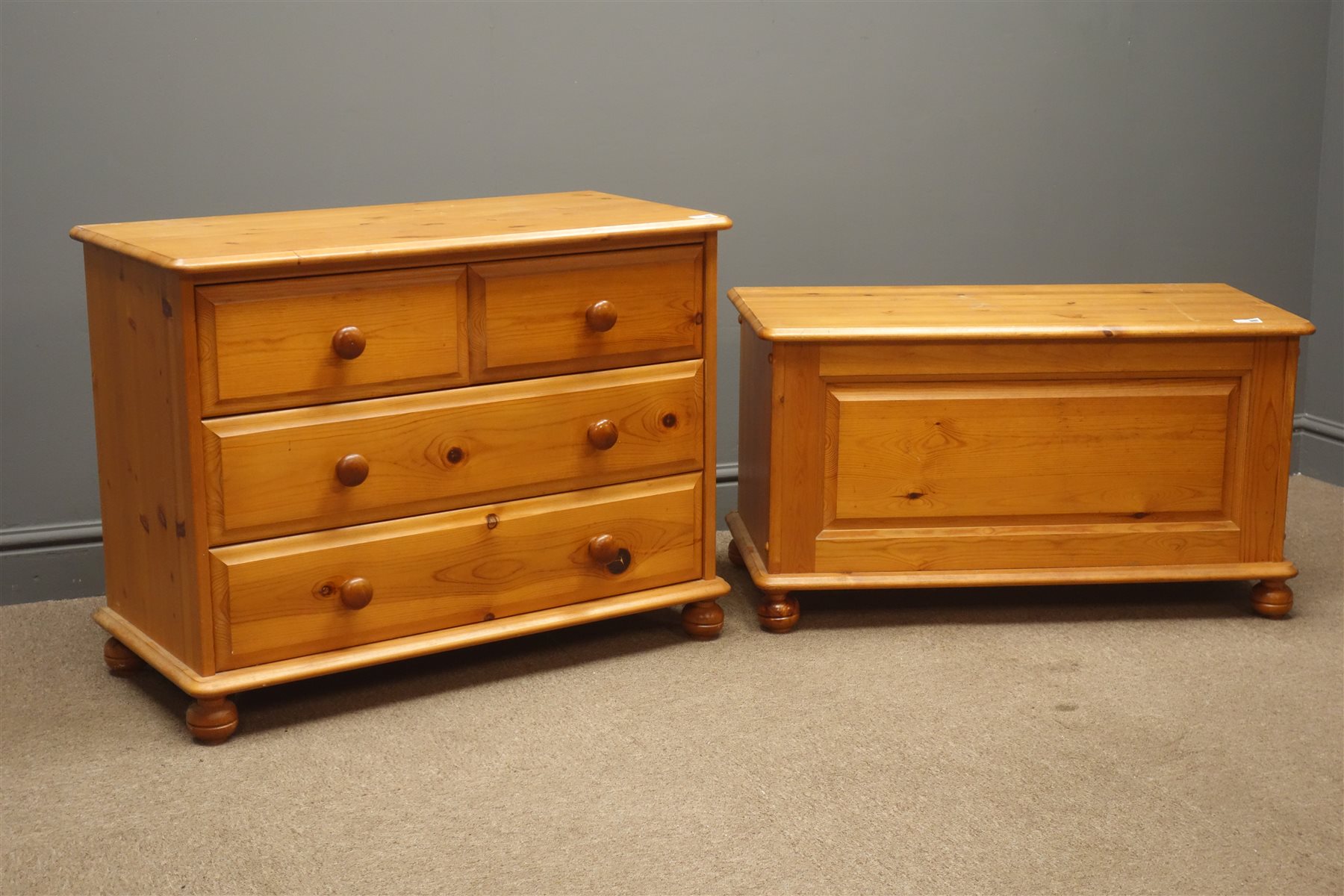 Pine chest, two short and two long drawers, on bun feet, (W84cm, H64cm