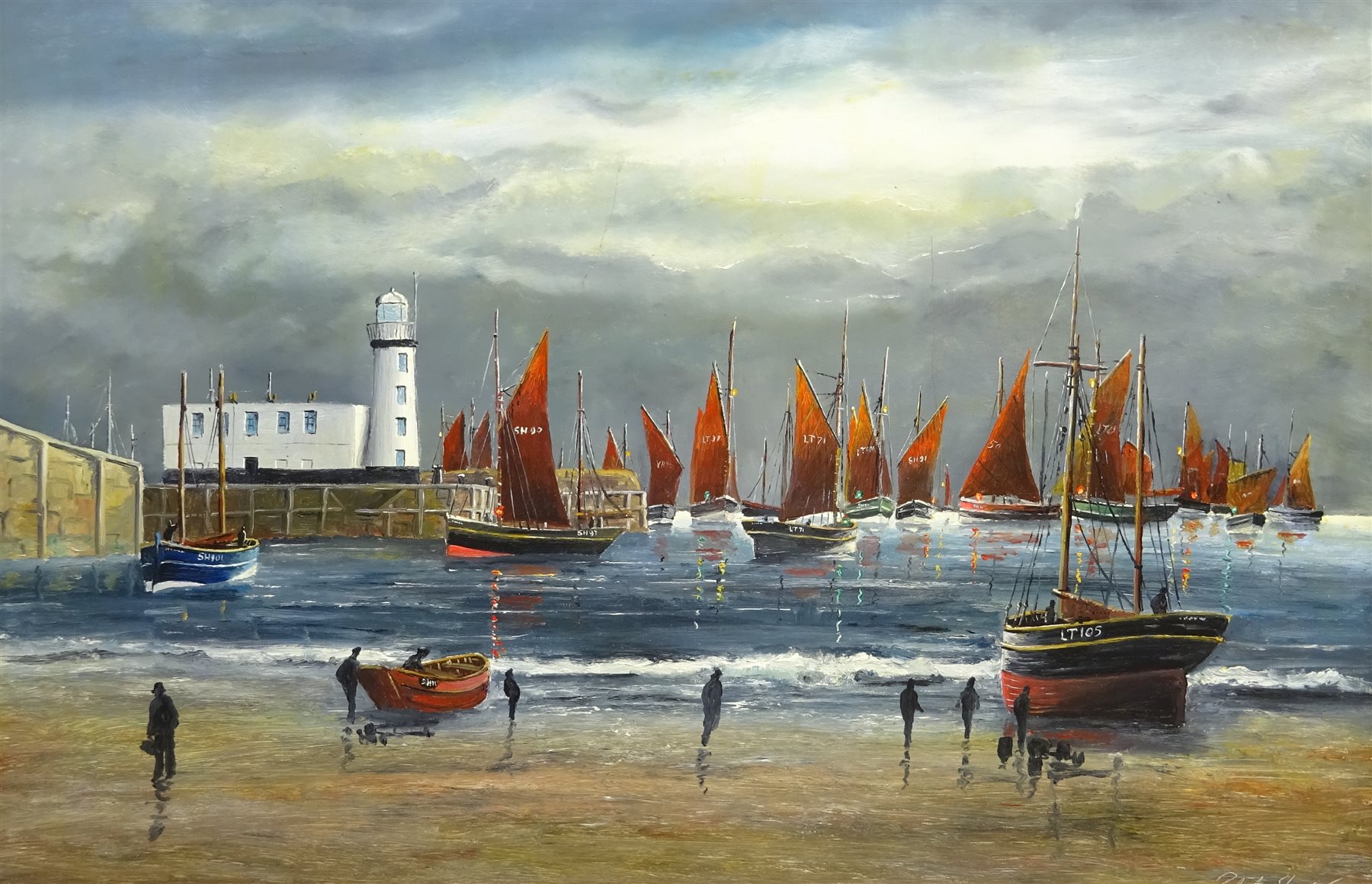 Robert Sheader (British 20th century): The Scarborough Herring Fleet under Moonlight, oil on board signed 50cm x 75cm