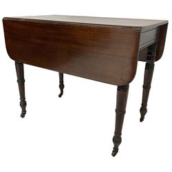George III mahogany Pembroke table, rectangular drop-leaf top with rounded corners, fitted with single end drawer, turned supports on castors