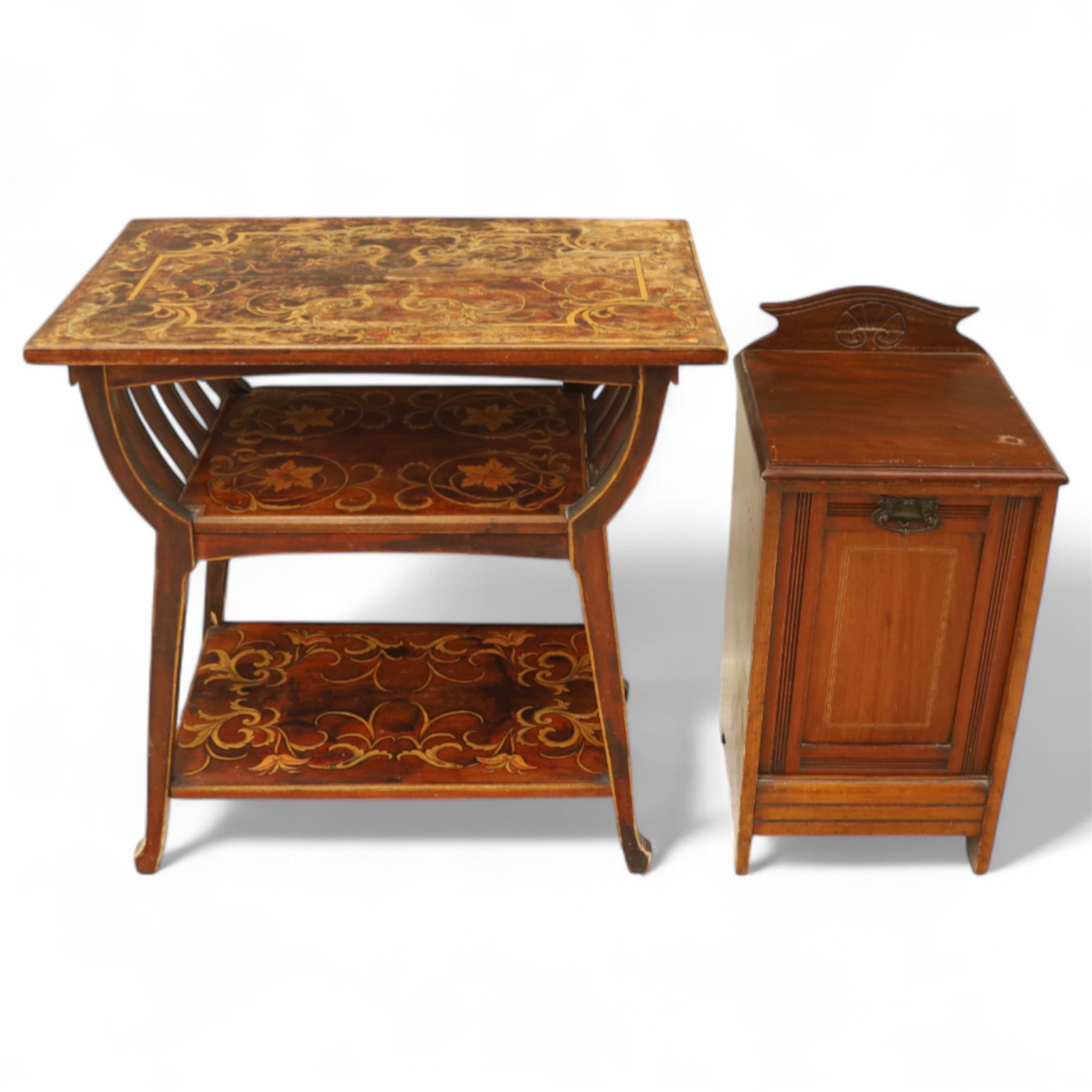 19th century mahogany coal scuttle, shaped raised back carved with shell fan motif, swing front enclosing original removable metal liner with handle, panelled front with cast drop handle, over slatted undertier (H 65cm, W 33cm, D 34cm)
Early 20th century mahogany magazine table, rectangular top and undertier decorated with gilt foliate and scroll marquetry, shaped pierced side rails forming magazine divisions, on square tapering supports (H 70cm, W 71cm, D 45cm)