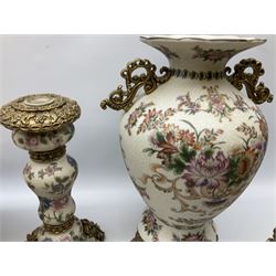 20th century crackleware vase of baluster form mounted on gilt foot, and three other crackleware items, comprising of large bowl and candlestick and covered dish, tallest example 40cm