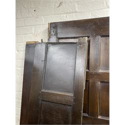 17th century style oak 4' four poster bed, high panelled back with projecting canopy cornice and panelled roof, turned posts with panelled front