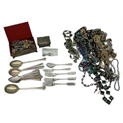 Group of vintage and later costume jewellery, to include two sweetheart brooches, each with silver mark, two Victorian silver groats, small quantity of silver plated flatware, and two jewellery boxes, in one box 