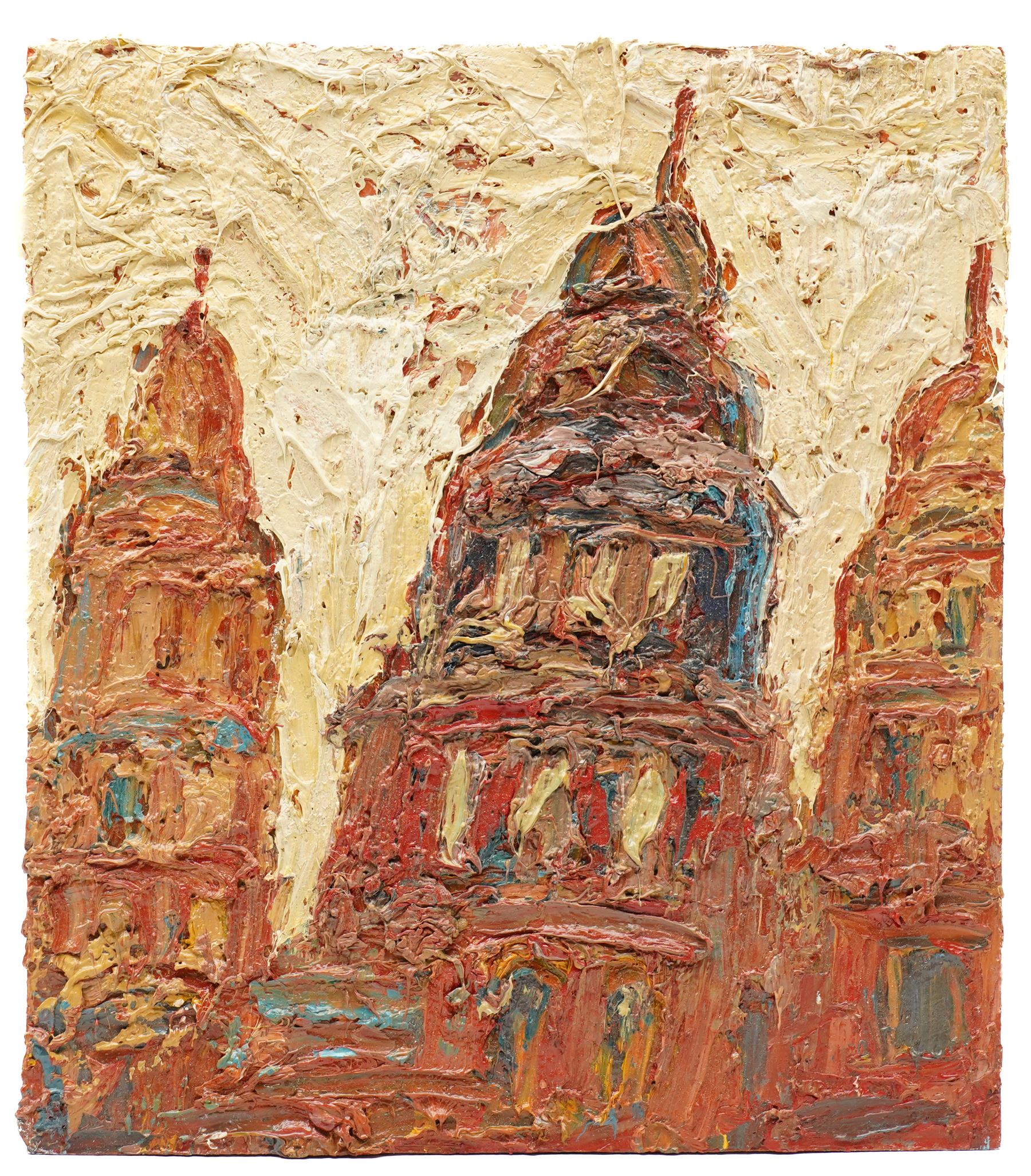 Barry De More (Yorkshire 1948-2023): Urban Landscape from Below - possibly St Paul's Cathedral, oil on board unsigned 31.5cm x cm (unframed)
Provenance: consigned by the artist's widow