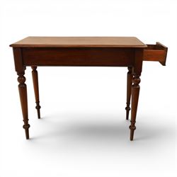 Mahogany living room furniture; mahogany console table and square upholstered mahogany stool, with hidden frieze drawer, raised on turned supports (Stool H 57cm, W 40cm)