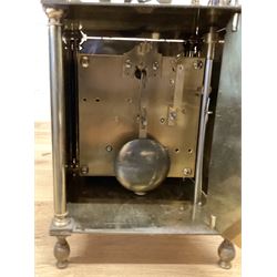English - 20th century 8-day lantern clock in period 18th century style, square brass case surmounted by a domed bell, with a brass chapter, engraved dial centre and stylised period steel hands, with a two train spring driven movement striking the hours and half hours on a bell. With pendulum. 