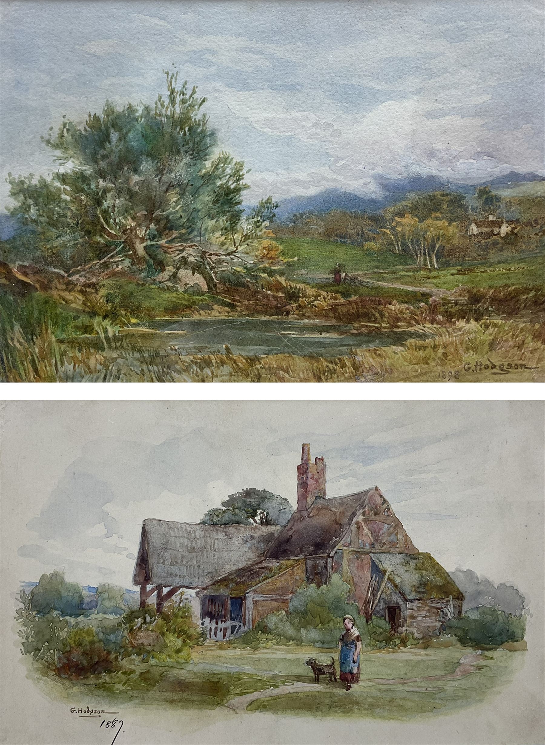 George Hodgson (British 1847-1921): Country Landscapes, two watercolours signed, dated 1898 and 1887, respectively, 12cm x 17cm and 10cm x 15cm (2) 
Notes: born in Nottingham, Hodgson lived in Grange-over-Sands and was a member of the Nottingham Society of Artists, acting as Vice-President 1908-1917. He exhibited many works at the Nottingham Castle Museum, the Royal Academy, Royal Birmingham Society of Artists, and Royal Society of British Artists.