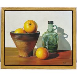 Peter J Bailey (British 1951-): 'To Share an Orange', oil on canvas signed, titled verso 41cm x 51cm