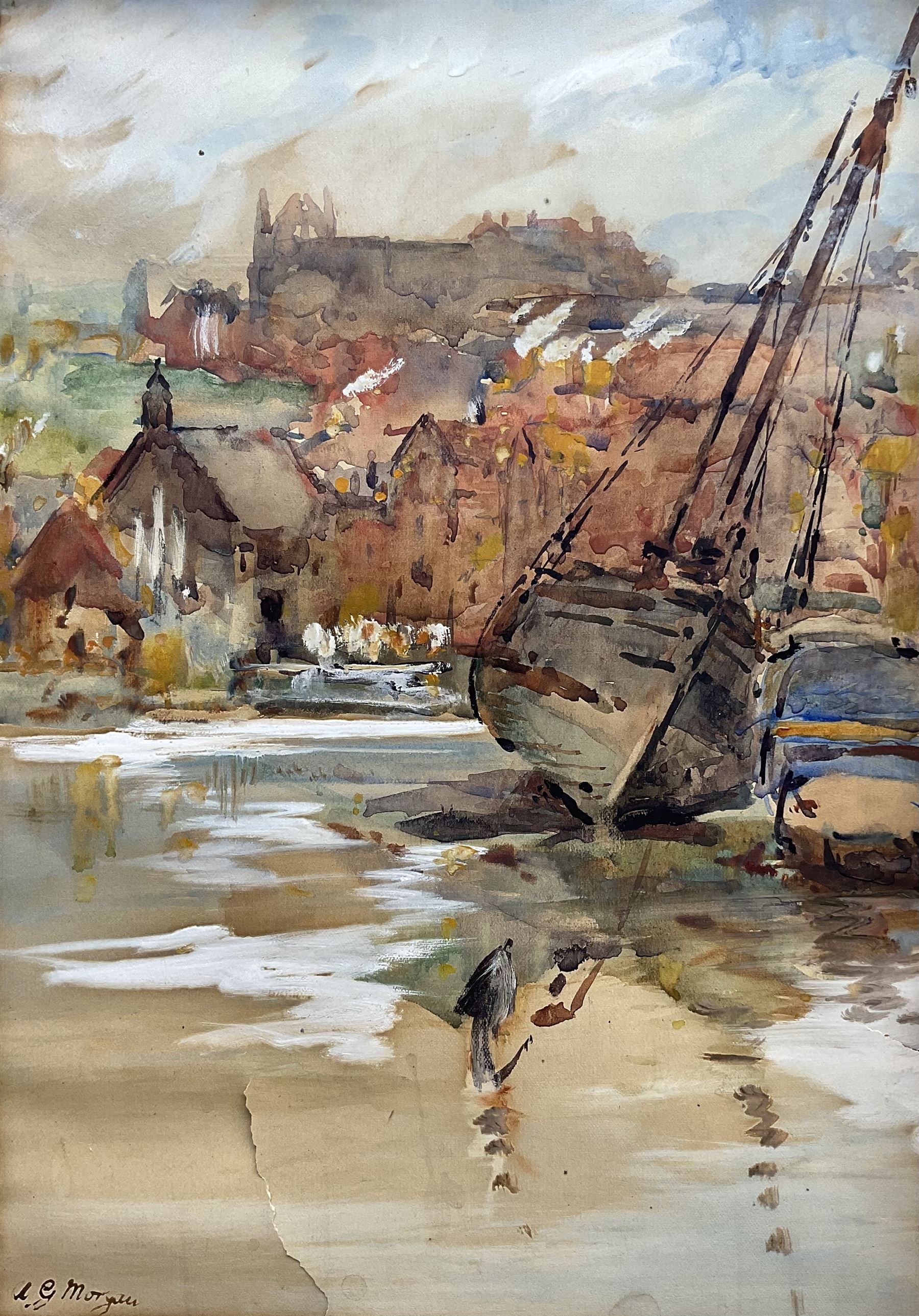 Alfred George Morgan (British 1848-1930): Boat in Whitby Harbour at Low Tide, watercolour signed 33cm x 23cm