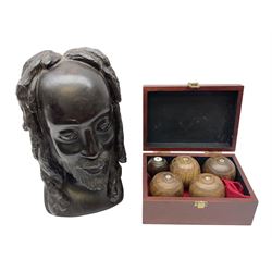 African carved bust of a man, and boxed game of bowls