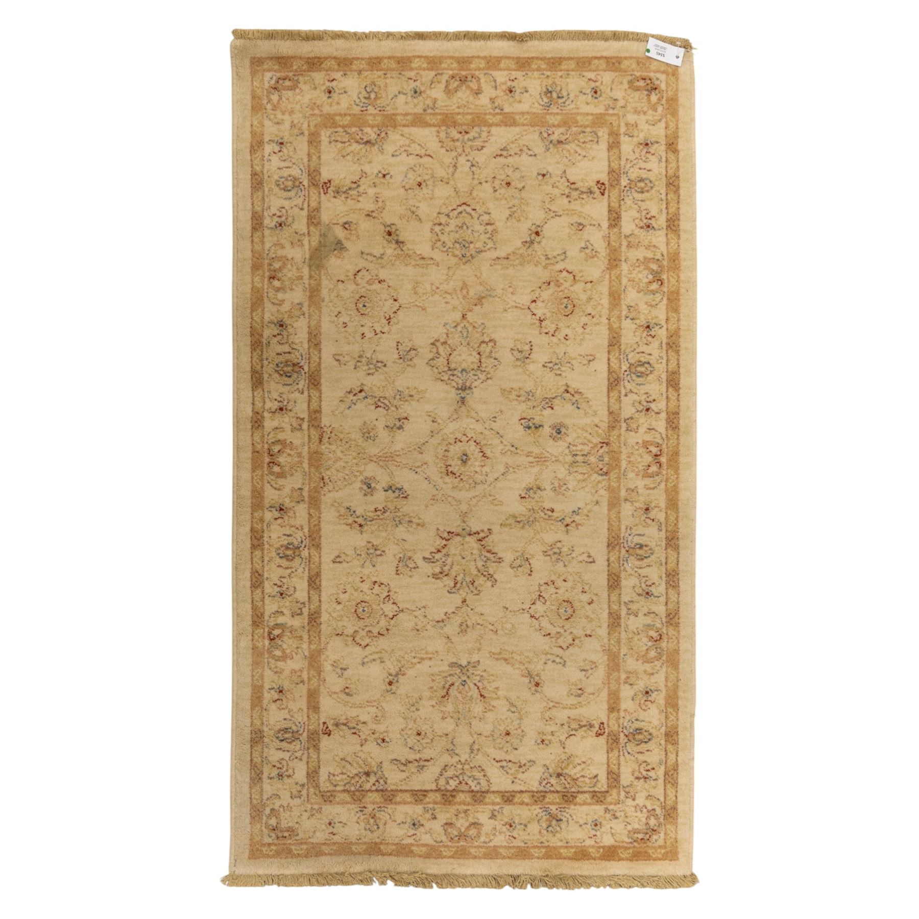 Cream ground wool rug, with faded floral medallion and scrolling foliate design, enclosed by matching floral border in beige, soft red and blue tones