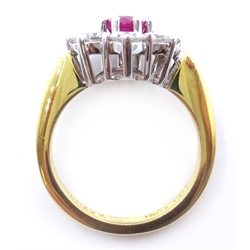  18ct gold ruby and diamond cluster ring, hallmarked, ruby 0.96 carat, diamonds 1.5 carat  