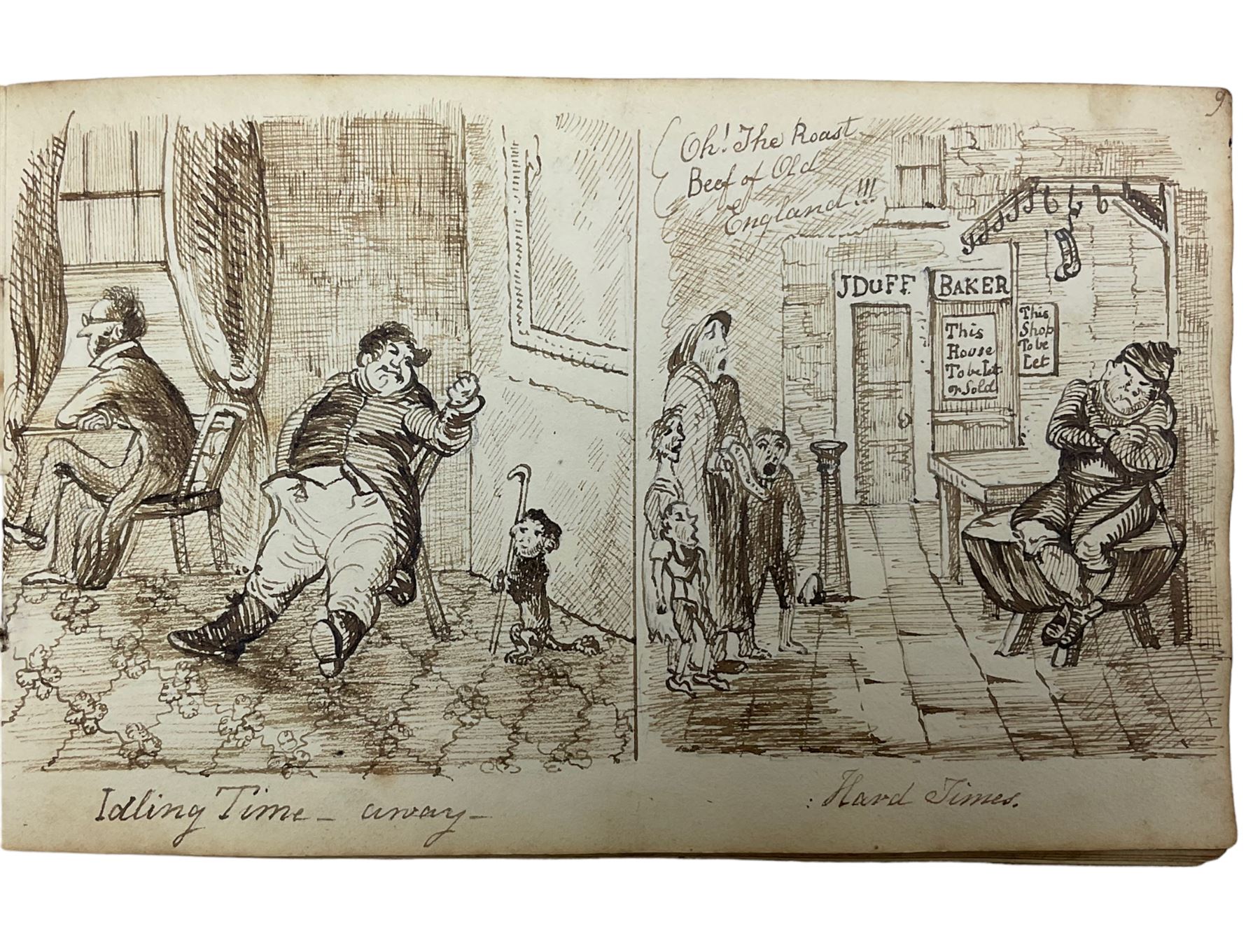 George Cruikshank (British 1792-1878): 'Illustrations of Time', original sketchbook containing eighteen preliminary pen and ink  sketches for the folio pub. 1827, signed in the title page with inscriptions for each sketch 12cm x 19cm
