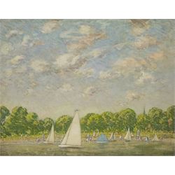 Paul Paul (Staithes Group 1865-1937): Pond Yachts in the Park, oil on canvas signed 35cm x 44cm 
Provenance: from the artist's studio collection. Paul Politachi, born in Constantinople in 1865, was the son of Constantine Politachi (1840-1914), a merchant in cotton goods, and his wife Virginie. About 1870 the family came to England, and in 1871 Paul is listed as living at 4 Victoria Crescent, Broughton, Salford with his parents, two younger sisters Eutcripi and Emilie, paternal grandmother Fotine, a governess and a servant. In January 1887 he enrolled at Hubert von Herkomer's School at Bushey, where he presumably met fellow future Staithes Group members Rowland Henry Hill and Percy Morton Teasdale.

After his marriage to Marion Archer in 1896 he changed his name to the more Anglophone Paul Plato Paul. He exhibited at the Royal Academy ten times between 1901 and 1932. He was elected to the Royal Society of British Artists in 1903 and in that year exhibited 'The Old Pier, Walberswick' and 'The Road to the Village' in their winter exhibition. Two years later he was elected a member of the Staithes Art Club, alongside Teasdale. He died at 11 Bath Road, Bedford Park, Brentford, Middlesex on 23 January 1937, aged 71.