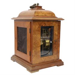  English burr walnut cased eight day chime bracket clock, with brass knopped carrying handle, with white chapter ring dial surrounded by four brass spandrels,  H30cm