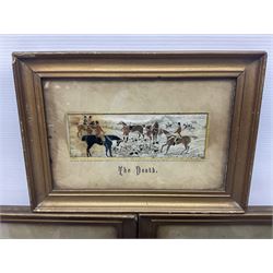 Four Royal Doulton figures, to include The Broken Lance HN 2041, The Old Balloon Seller HN 1315, The Balloon Man HN 11954 and Little Boy Blue HN 2043, together with a Coalport Ladies of Fashion figure Regina and three framed hunting silk needle works