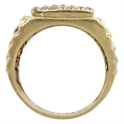 Gold gentleman's signet ring, seven rows of pave set round brilliant cut diamonds and two tone gold stepped shoulders, hallmarked 9ct, total diamond weight 1.02 carat