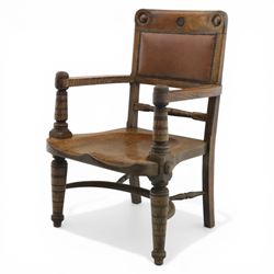 Arts and Crafts oak open armchair with dished seat