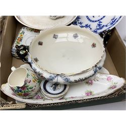 Large quantity of Victorian and later ceramics to include Spode Velamour twin handled vase, Bavaria Schumann Arzberg large circular stand and vase, Beswick Ware,  Spode, blue and white, Hanley and G Meakin, tea wares, figures, West German vase etc in six boxes