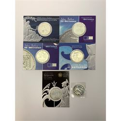 Six silver bullion two pound Britannia coins, each containing one troy ounce of fine silver, 2000, 2001, 2003, 2005, 2007 and 2008, all except 2005 on card holders