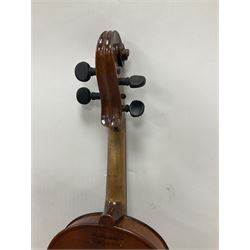 Four violins 1/8th size; half size with Nicolas Bertholini label; three-quarter size with Stradivarius copy label; and full size with Marquis De L'Air label (4)