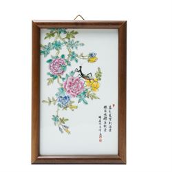 Manner of Liu Yuchen (Chinese 1904-1969) of the Zhushan Eight Friends circle: Mantis, painted plaque 22.5cm x 14cm; together with a figure of Guan Yin, H22cm and a vessel with printed dragon decoration, H18cm (3)