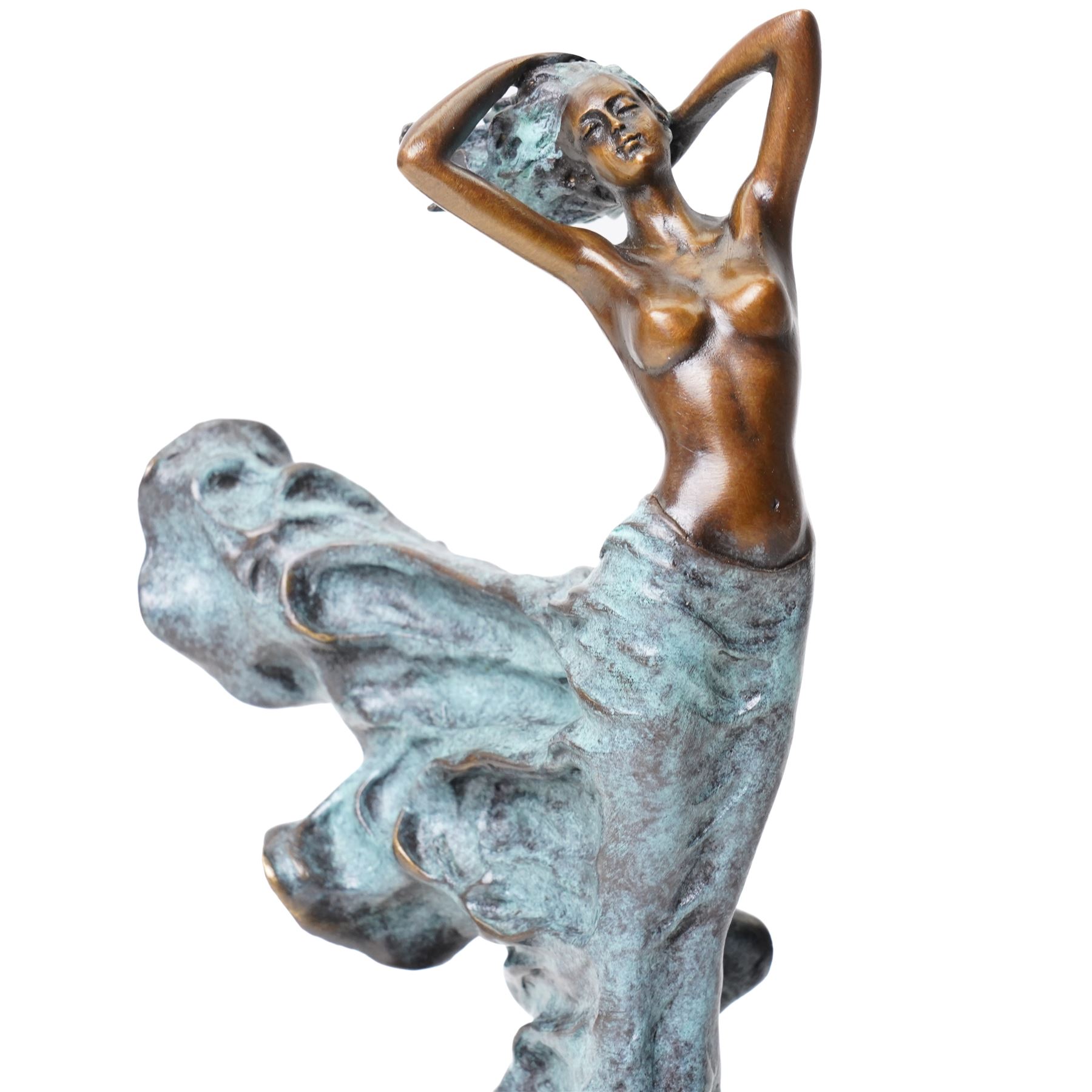 After Angelo Basso - art nouveau style bronze of a lady caught in the wind, on marble base, H31cm