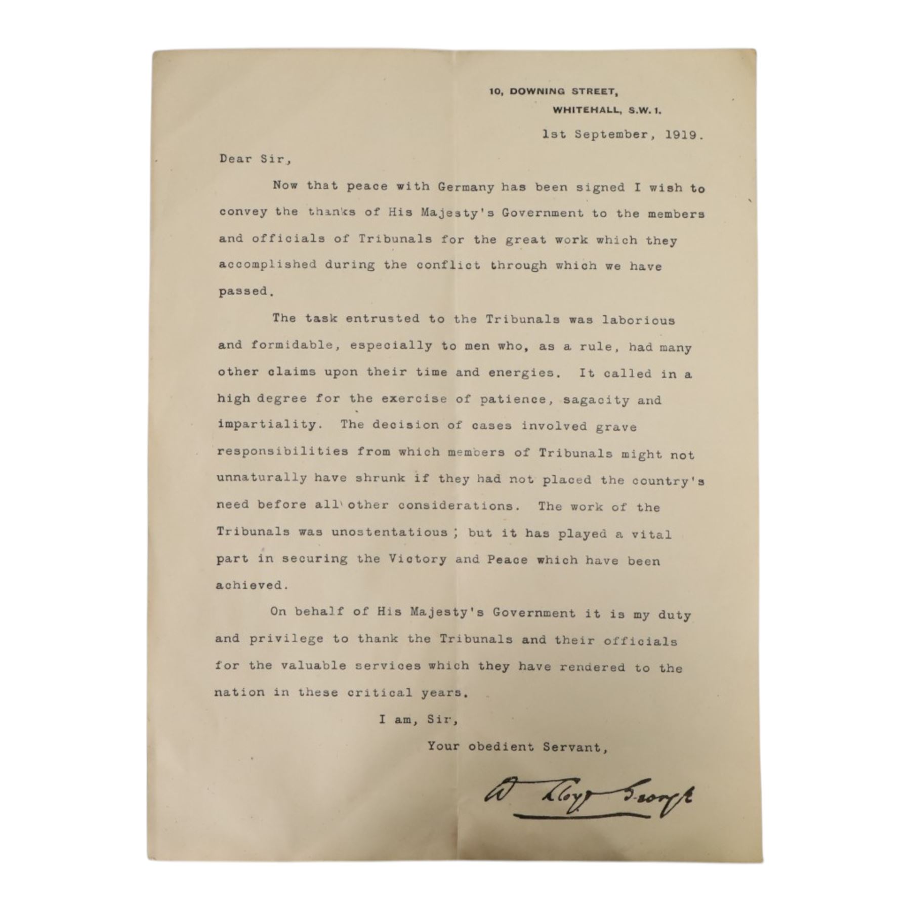 David Lloyd George (1916-1922), typed letter dated 1st September 1919 on Downing Street headed paper, thanking members and officials of the Great War tribunals, with facsimile signature, 25cm x 19cm