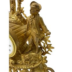 French - late 19th century French  8-day spelter mantle clock, with rococo decoration and a drum timepiece movement flanked by two standing figures in 18th century costume, enamel dial with Roman numerals, minute track and spade hands. With pendulum. 