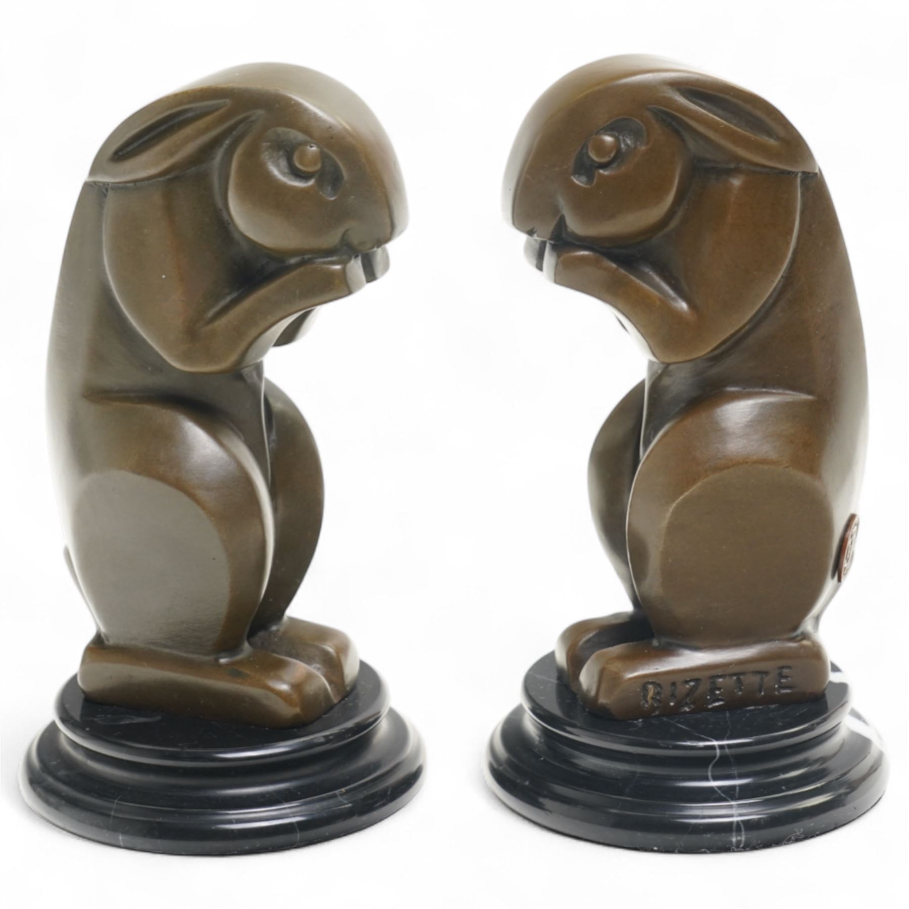 After André Bizette-Lindet - Pair of Art Deco style bronze rabbits, bearing signature and foundry stamp, H15.5cm 