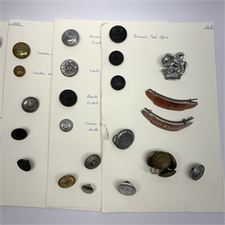 BR North Eastern Ticket Collectors totem cap badge and a similar British Railway badge, both by J.R.Gaunt, a North East Railway enamel pin badge British Railways cap badge, and a collection of Railway, Police and Bus Co. buttons, etc