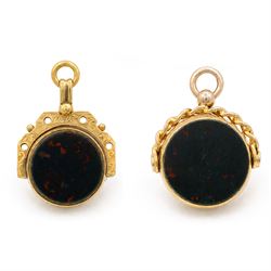 Two 9ct gold bloodstone and agate swivel fobs, Birmingham 1893 and Chester 1910