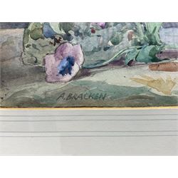 Arthur Bracken (British early 20th century): 'Flowers and the Gardener', watercolour signed, titled on label verso with artist's Kendal address 27cm x 31cm
