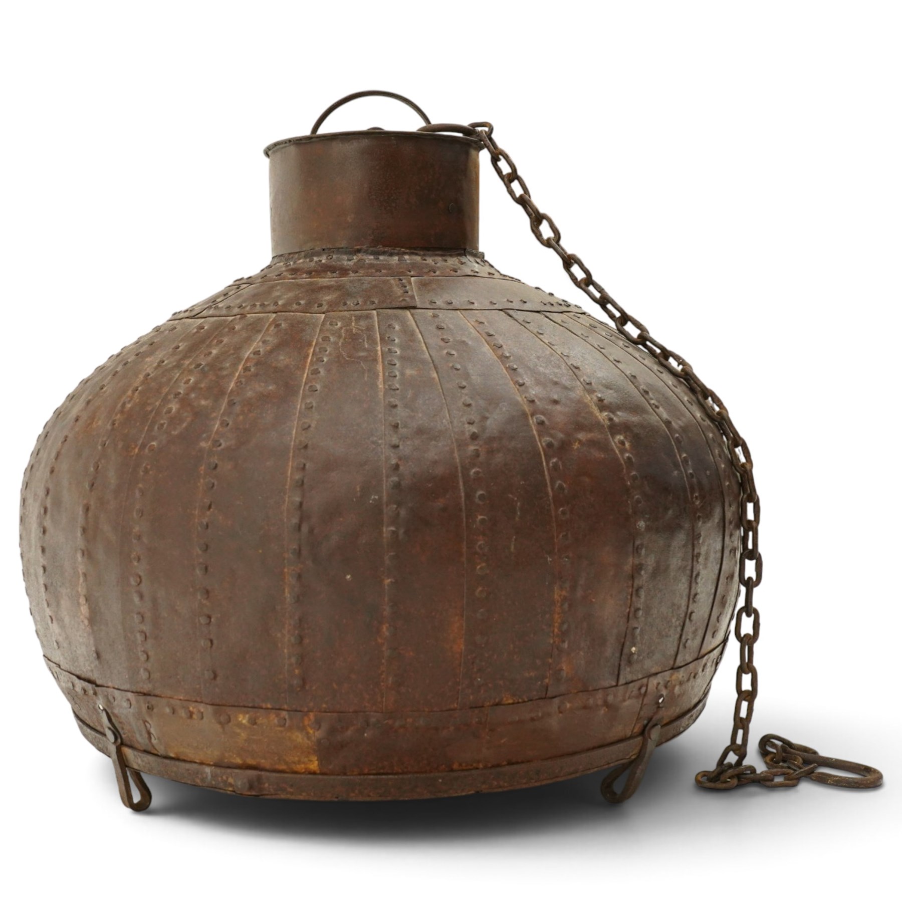 19th century and later Indian wrought iron riveted strapwork light fitting shade, modelled on a water vessel, with wrought iron hanging chain