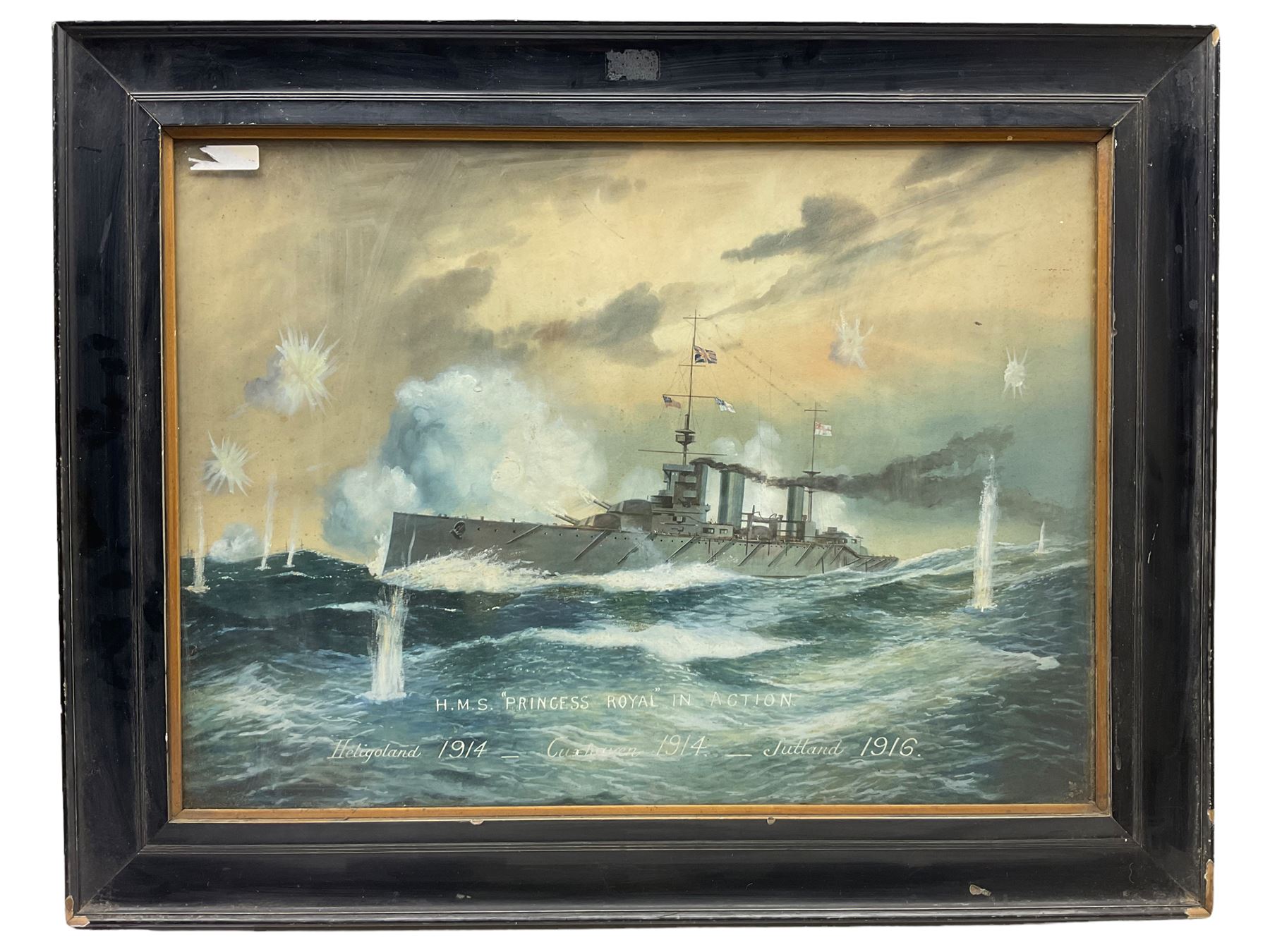 English School (Early 20th century): 'HMS Princess Royal in Action - Heligoland 1914 - Cuxaven 1914 - Jutland 1916', watercolour unsigned and titled 49cm x 67cm
