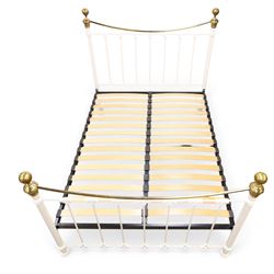 And So To Bed - Victorian design 'Juniper' brass and white painted double bed, the head and foot-boards with brass finials and curved cresting rails