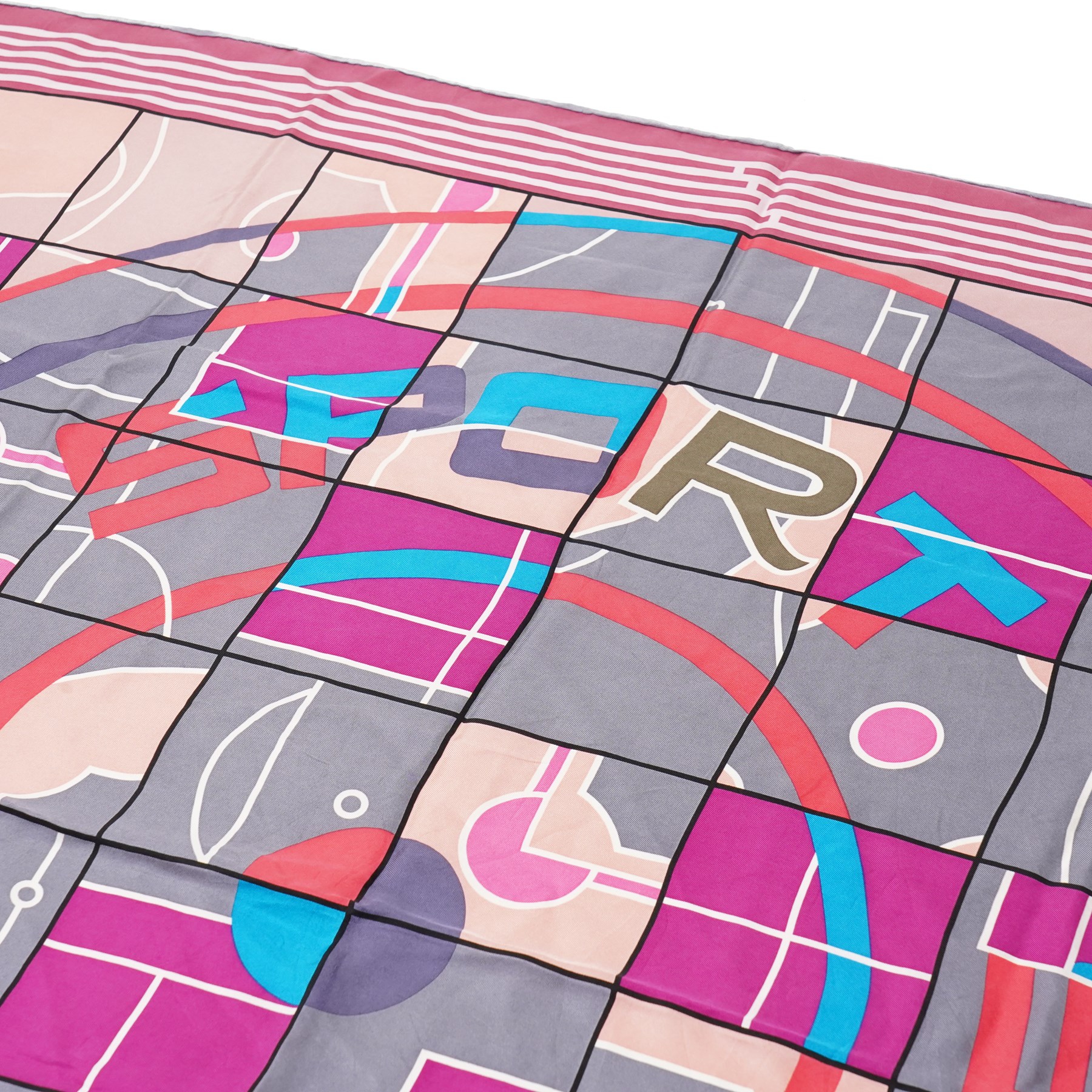 Hermès - ‘Hermès Sport’ silk scarf, designed by Anamorphée, first issued 2013, grey, burgundy, pink, blue and salmon colourway with hand-rolled edges