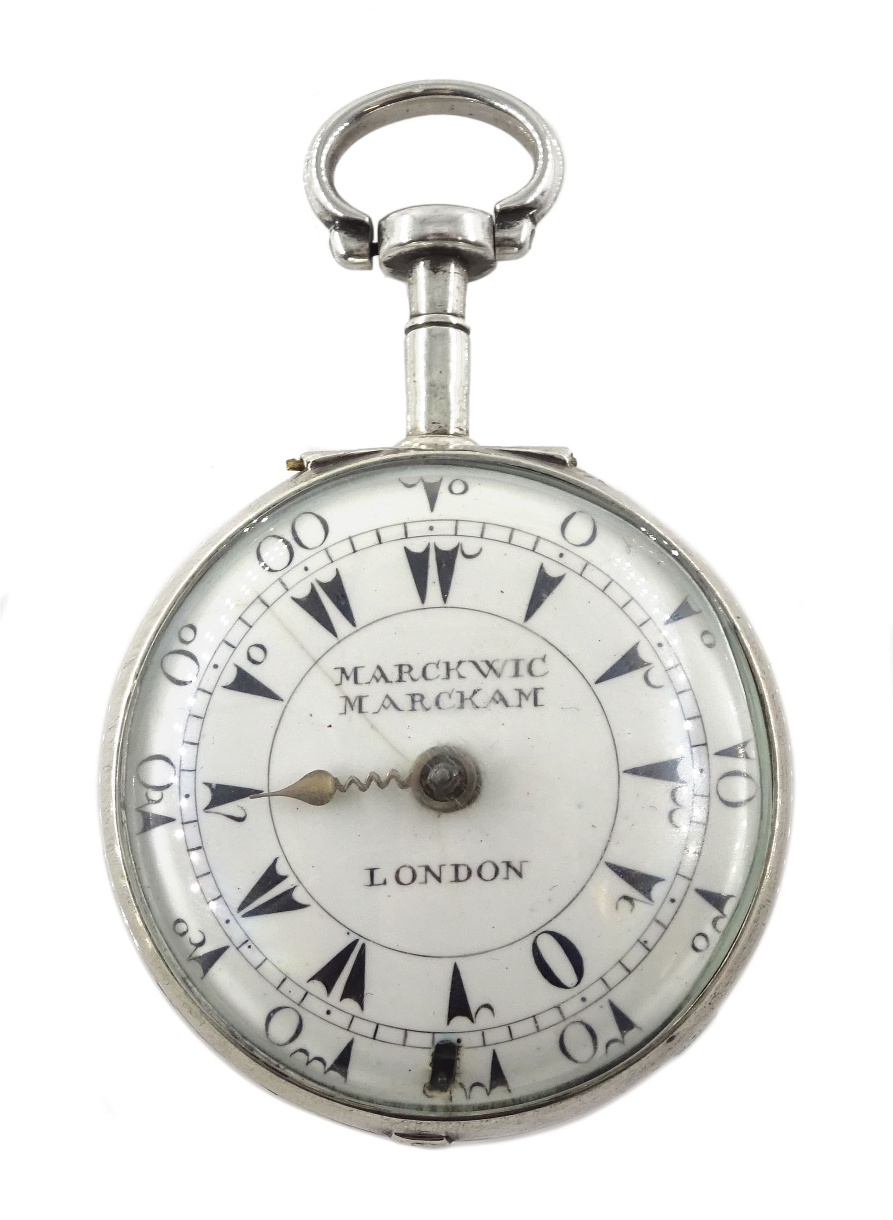 18th century silver pair cased verge fusee pocket watch for the Turkish market by Markwick Markham (London ca.1725-1805), square baluster pillars, pierced and engraved balance cock, white enamel dial with Turkish numerals