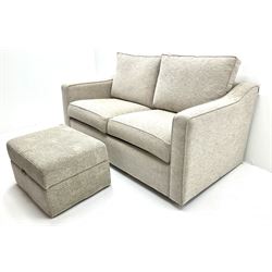 Two seat metal action sofa bed upholstered in a neutral fabric (W157cm) with storage stool (2)