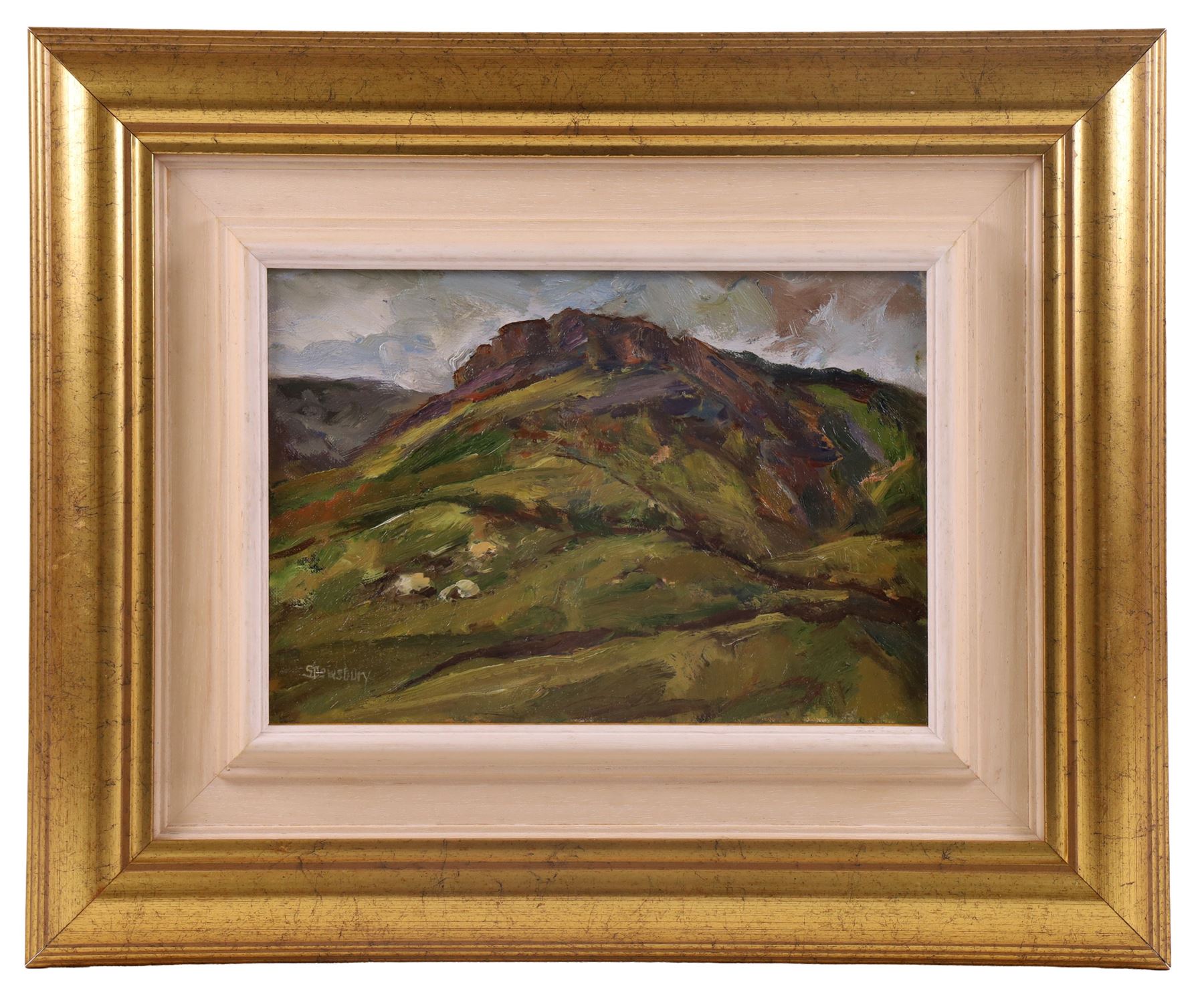 Sheila Dewsbury (British 1944-): 'Hillside - Saddleworth (Below Indian's Head - Greenfield)', oil on board signed, titled and inscribed verso 17cm x 25cm 
Provenance: Private collection, purchased Capes Dunn 15th October 2013 Lot 44