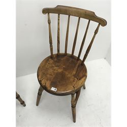 *Pair Victorian stick back chairs, circular seat with turned supports joined by H shaped stretcher