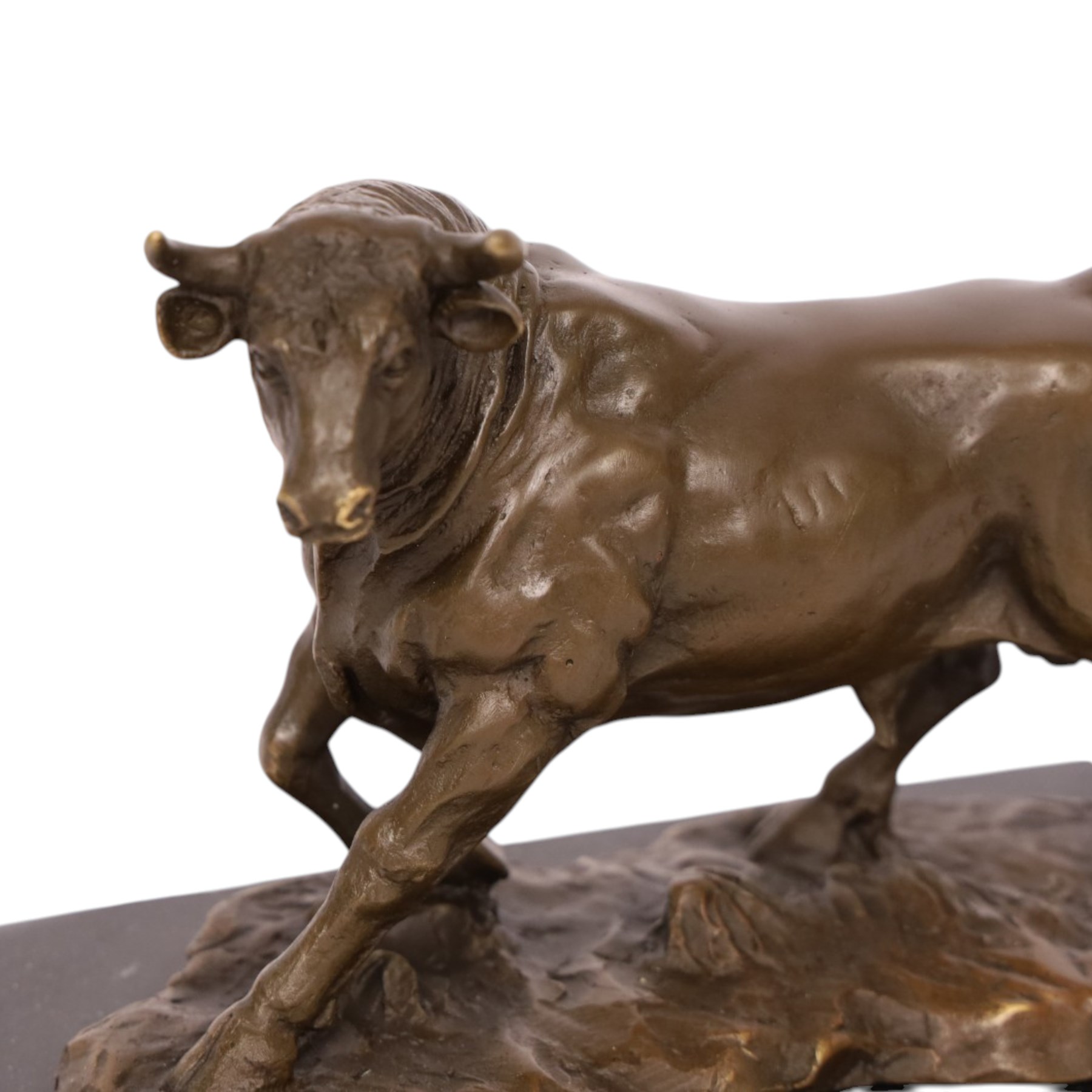 After Antoine-Louis Barye: bull upon naturalistic base, bronze, signed A Barye and bearing foundry mark, upon rectangular black stone plinth, overall H14cm L21cm