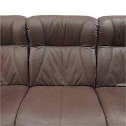 Himolla - ‘Cumuly’ lounge suite upholstered in deep aubergine leather, comprising two-seat sofa with high padded back, shaped arms and panelled upholstery (W 161cm, D 82cm, H 93cm), and three-seat sofa conforming (W 200cm, D 82cm, H 93cm)