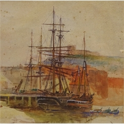  Masted Boats Moored in Whitby Harbour, watercolour attrib. Frank Rousse (British fl.1897-1915) 20cm x 20cm and Boats Unloading on the Shore, 19th century oil on board signed and dated 1879 by J W Shepherd 15cm x 22cm (2)   