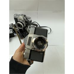 Five Mamiya/Sekor SLR camera bodies, to include autoXTL serial no. PI34456, with a ES 1:18 f=55mm serial no. 28148, Rank 528TL camera body serial no. 18151, with a 1:2.8 f=48mm lens, Rank Mamiya Auto-Lux 35 camera body serial no. 644713, with a 1:2.8 f=48mm lens, 500DTL serial no. 386357, with an Auto 1:2 f=50mm lens serial no. 187863, and one other 