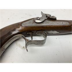 SECTION 1 FIREARMS CERTIFICATE REQUIRED OR REGISTERED FIREARMS DEALER - Pair of Reproduction Continental .44 calibre percussion target pistols, each with heavy 23.5cm octagonal to round barrel bearing various marks, crude scroll engraving to lock plate, hammer and octagonal section of barrel, unchequered walnut stock with brass butt plate and steel hooked trigger guard, numbered 8138 & 8164, L41.5cm overall; in maroon baize lined converted sapele mahogany fitted case bearing reproduction trade label for Trulock & Son Dublin containing small copper powder flask, steel scissor action bullet mould, nipple key, turned wooden mallet and lidded box, steel rammer and wooden cleaning rod, case L48cm