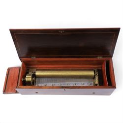 19th century Swiss rosewood music box, with boxwood foliate inlaid and strung rectangular top, with cylinder and comb movement stamped Henriot, Geneve, serial no. 14818, H13cm, W50cm