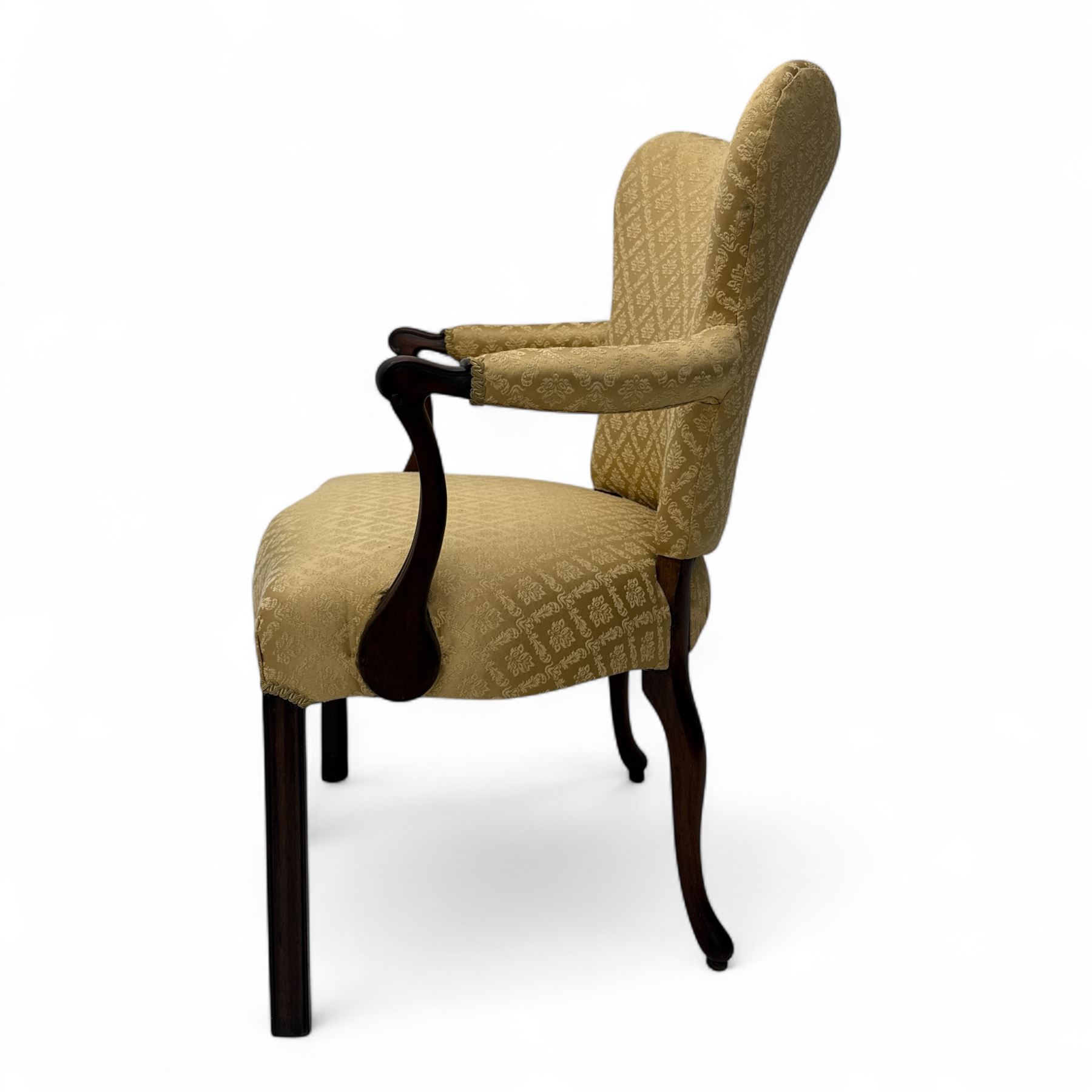 Pair of 19th century Hepplewhite style armchairs, shaped serpentine back over seat upholstered in gold damask fabric, with padded outswept arms and serpentine front rail, on moulded mahogany foreleg
