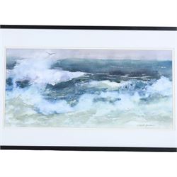 Sandra L Strohschein (American Contemporary): Lively Seascape, watercolour signed 22.5cm x 48cm; Michael McEvoy (British Contemporary): 'Tea for Two' and 'Two's Company', set of four miniature oils on canvas, signed and titled on label verso, with easels 7cm x 7cm (5) (four unframed)