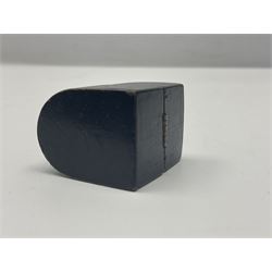 19th century lacquer thimble case with painted portrait of a woman to the hinged lid, together with two mother of pearl egg shaped thimble cases and one other